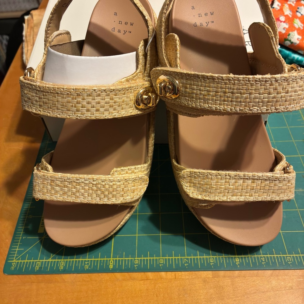 a new day Natural Woven Straw Wedge Sandals with Gold Accents